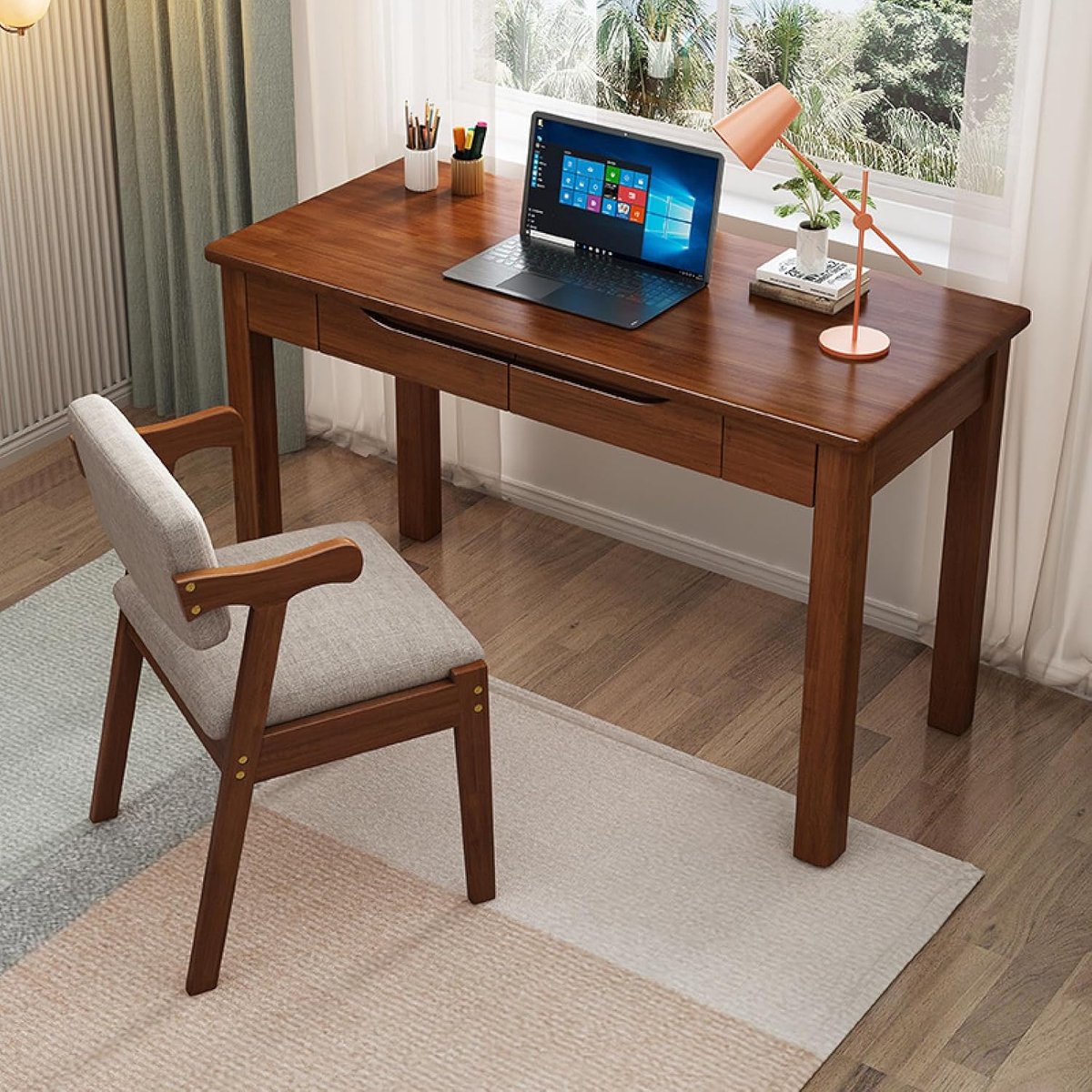Elegant Massief Eikenhouten Bureau met 2 Lades 100x50x75cm – Klein Modern Schrijf- en Computerbureau voor Thuiswerkplek – Novihome