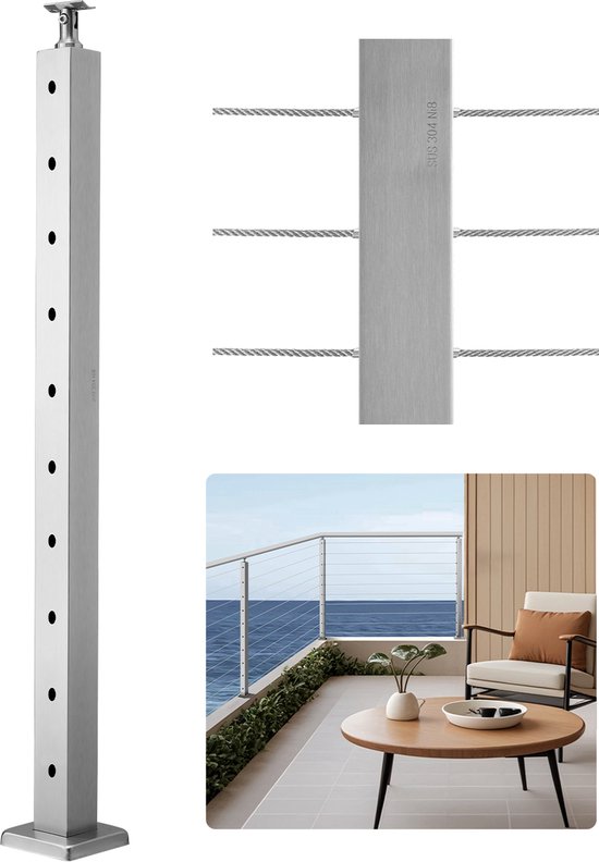 VEVOR Kabelbalustradepalen, 91,4 x 5,1 x 5,1 cm, stalen balustradepalen zonder gaten, SUS304 roestvrijstalen kabelrelingpalen, trapleuningpalen met horizontale en gebogen houder, 1-delige set
