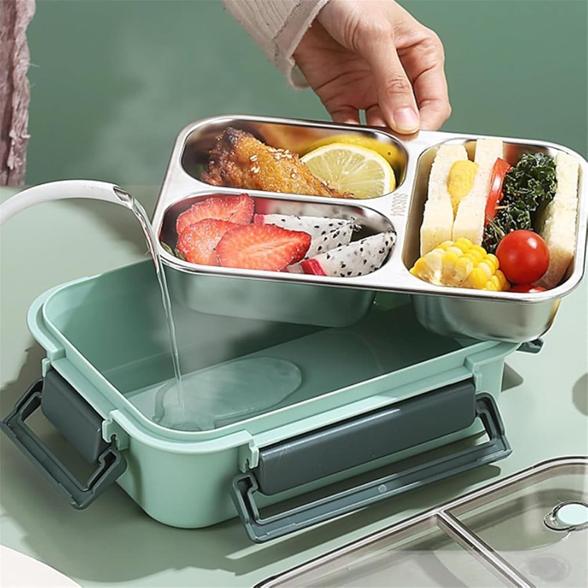 Lunchbox - Geïsoleerde bento box - 304 RVS lunchbox met bestek - Luxe broodtrommel met 3 vakken - Bento-lunchbox voor kantoor en school - 850ml — cadeau in Koken & Dineren - foto 5