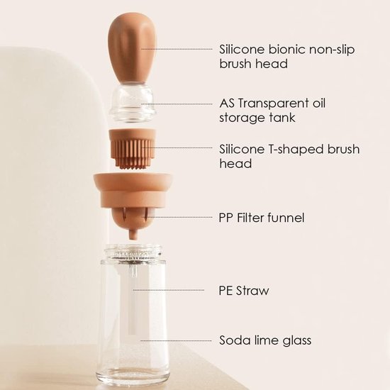 FUFRE Oliefles, oliefles, oliefles, oliefles met kwast voor het bakken van siliconen, 180 ml, waterdicht, oliedispenser voor huis, keuken, barbecue (bruin
