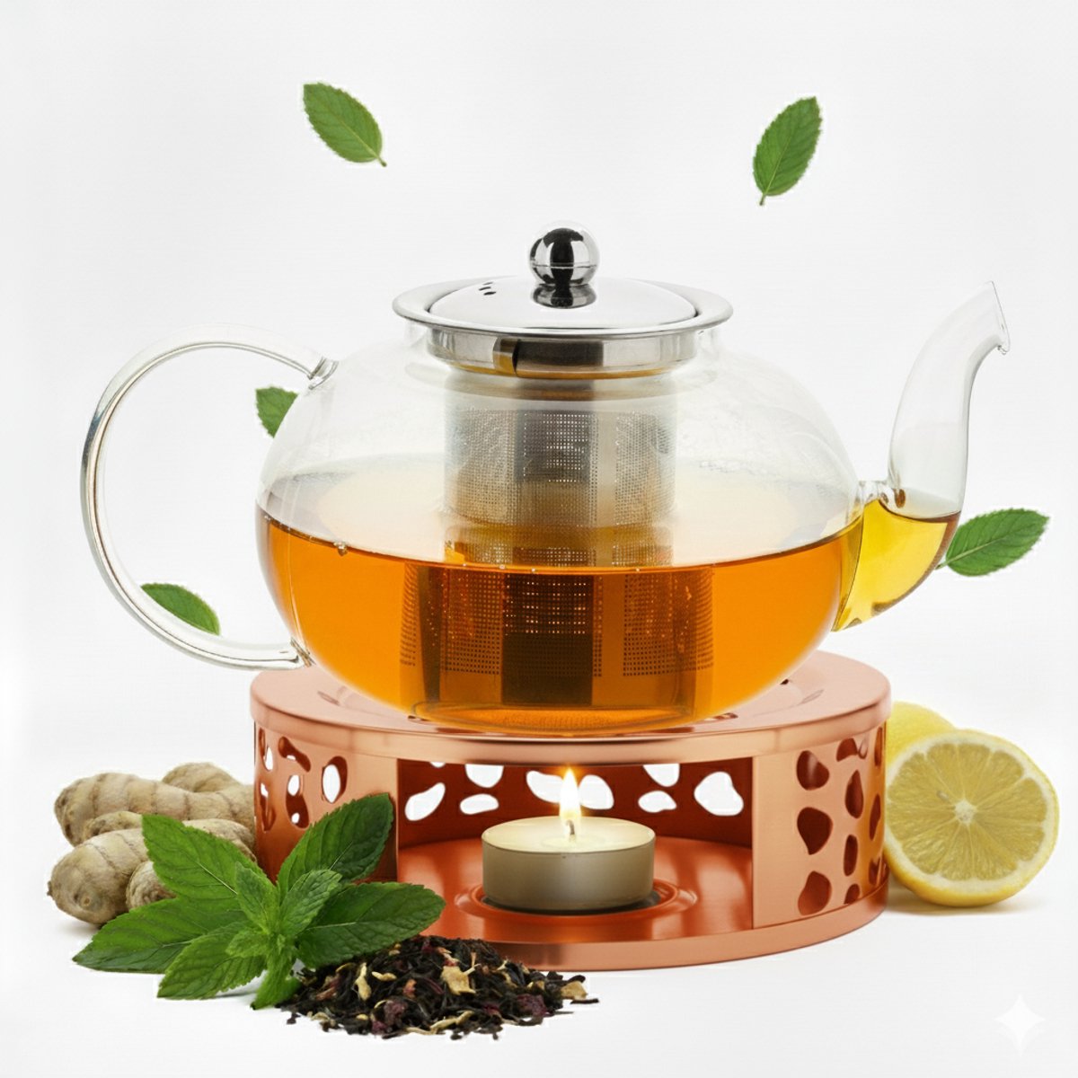 Vaja Glazen Theepot Vera 1.4 Liter met Filter en Warmhouder - Theepot Glas voor Losse Thee en Theebloemen - Tea Maker - Theelicht houder voor Theekan met Zeef - Infuser - Warmer - Rose