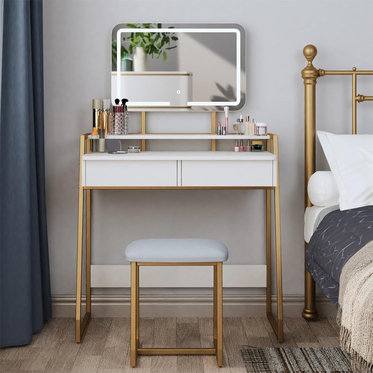 Elegante Make-up Kaptafel met LED Spiegel, Kruk en Opbergladen 84x43x142 cm – Novihome