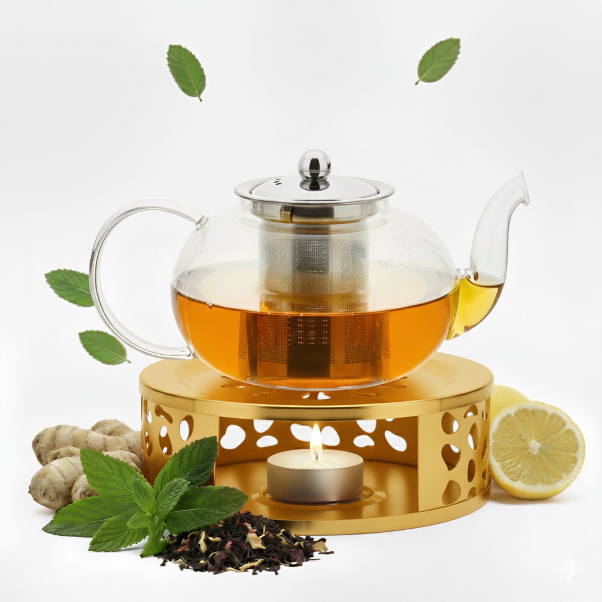 Vaja Glazen Theepot Vera 1.0 Liter met Filter en Warmhouder - Theepot Glas voor Losse Thee en Theebloemen - Tea Maker - Theelicht houder voor Theekan met Zeef - Infuser - Warmer - Goud