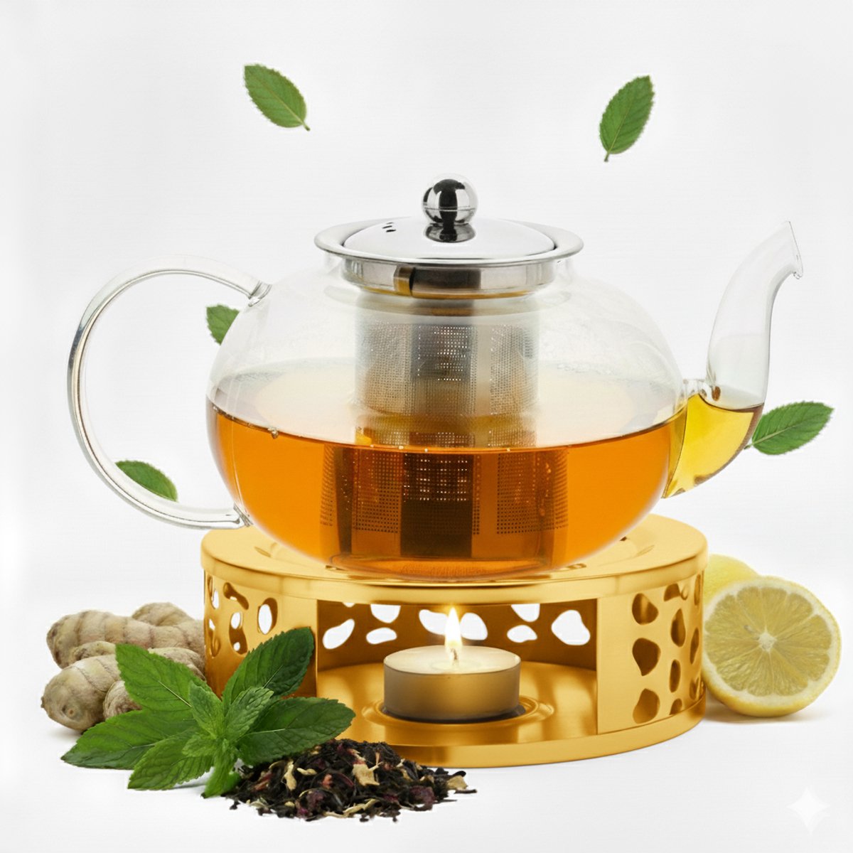 Vaja Glazen Theepot Vera 1 .4 Liter met Filter en Warmhouder - Theepot Glas voor Losse Thee en Theebloemen - Tea Maker - Theelicht houder voor Theekan met Zeef - Infuser - Warmer - Goud