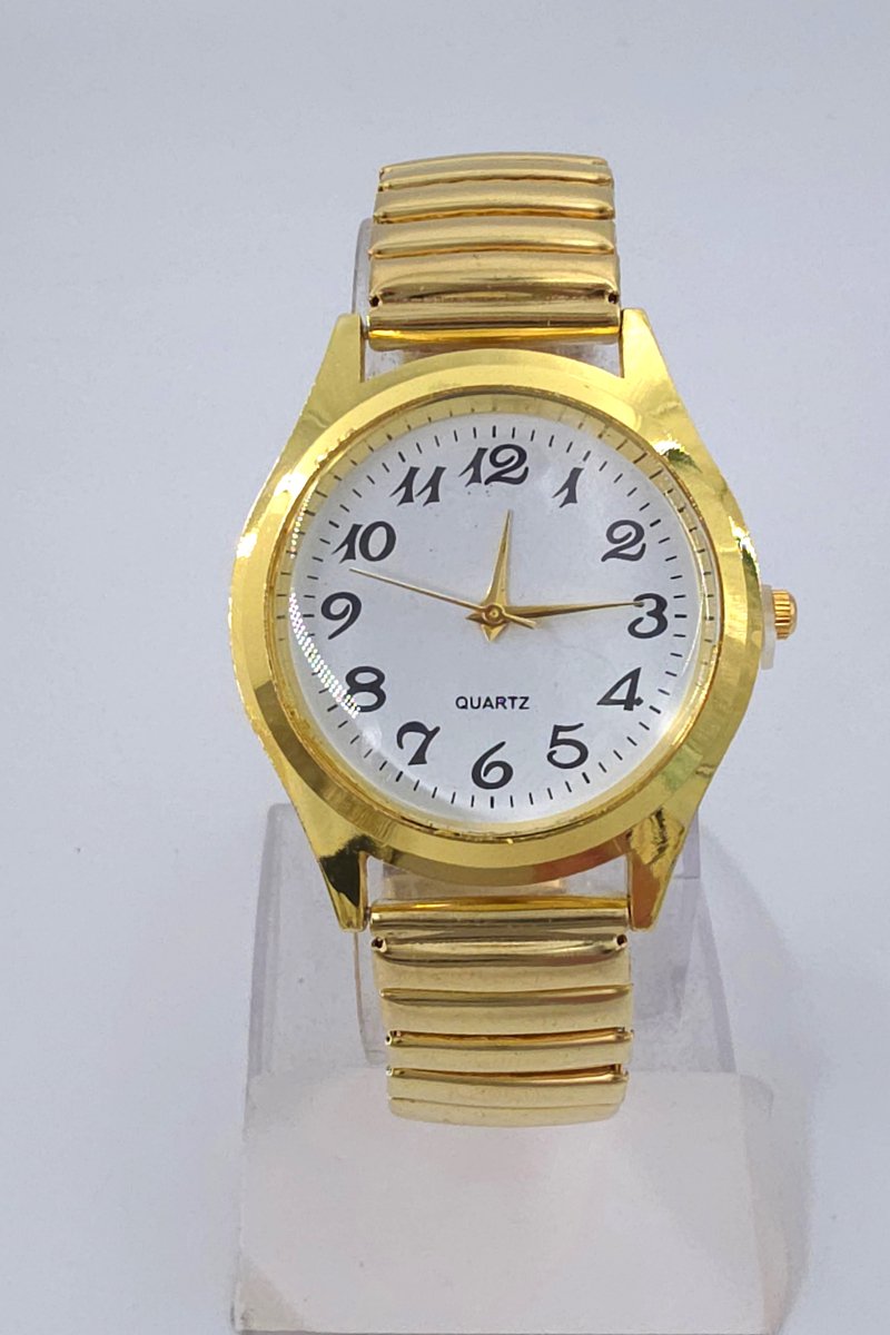 Horloge - Rekband - Heren - Klassiek - Ø 37mm - Ø 20 cm - Goudkleurig - Witte duidelijke wijzerplaat - past bijna elke pols.