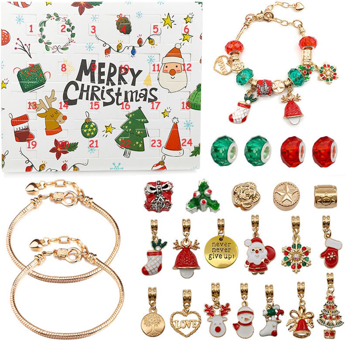 Adventkalender 2025 Armbanden-24 Dagen Kerst Aftelkalender DIY Creatieve Sieraden Charme Maken Kit-goud