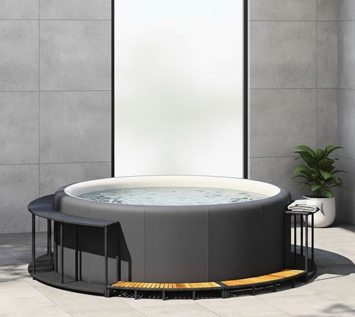 Whirlpool Surround met Opbergruimte – Novihome Luxe Spa & Jacuzzi Rand met Houten Trap – Poly Rattan Spa Meubel voor Whirlpool Accessoires – Zwart – Weatherproof & Ruimtebesparend
