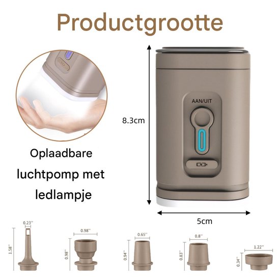 QTTVBTNA - Elektrische Opblaaspomp - 2-in-1 LED Campinglamp - 2400 mAh - Oplaadbare elektrische pomp - Voor luchtbed, opblaasbaar zwembad, zwemring, vacuüm opbergzak - Khaki - 5x5x8,3cm - 1 stuk van QTTVBTNA — afbeelding 2