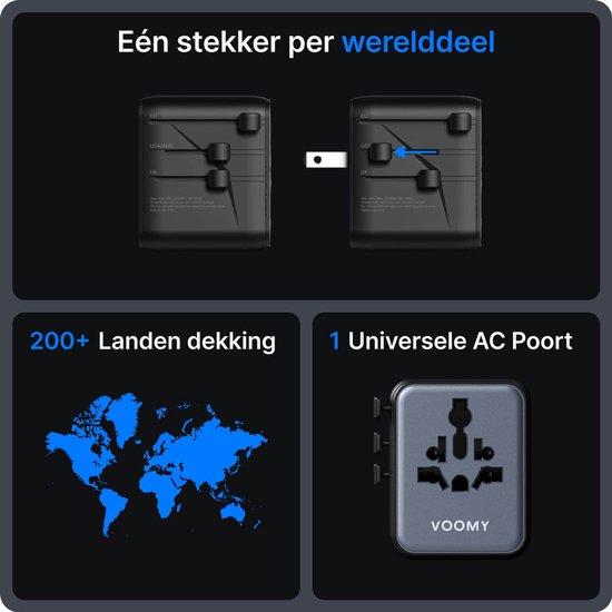 Twee reisstekkers, links de EU-versie, rechts de UK/USA-versie. Kaart van de wereld met 200+ landen dekking en één universele AC-poort.