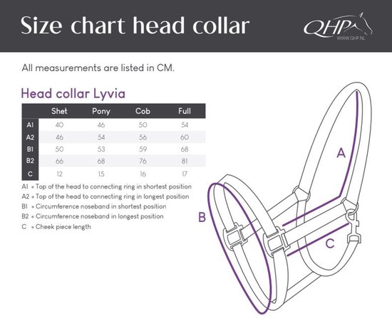 Maattabel voor een QHP Lyvia halster in centimeters.