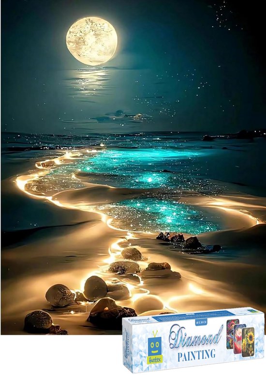 Peinture de diamants Huntex Adultes - Peinture de diamants Enfants - Kit complet de Peinture de diamants - Moon Beach - 30x40 cm