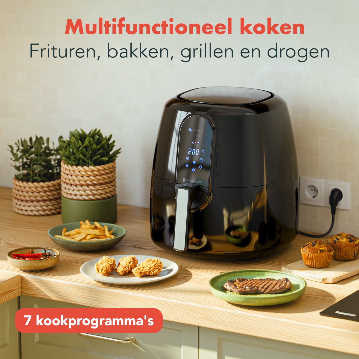 KitchenBrothers Airfryer XL - PFAS-Vrij - 1890W - Heteluchtfriteuse XXL - 7,2L Inhoud - 80ºC tot 200ºC - Zwart — afbeelding 4