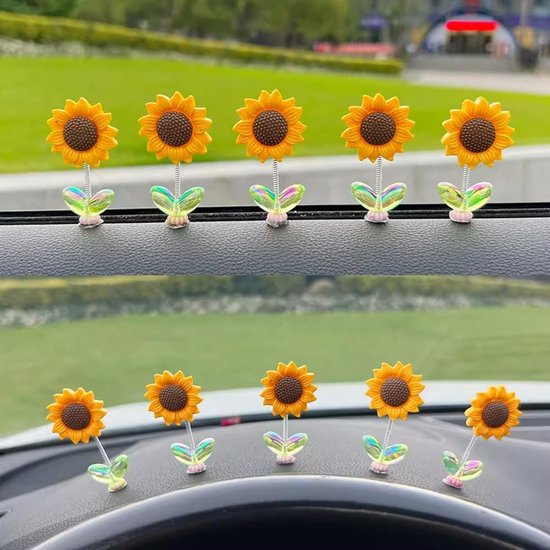 5 Zonnebloem Autodashboard Decoraties: Bewegende Zonnebloemhoofdjes, Perfect voor Leuke Meisjes Auto Interieur, Desktop Decoraties en Cadeaus