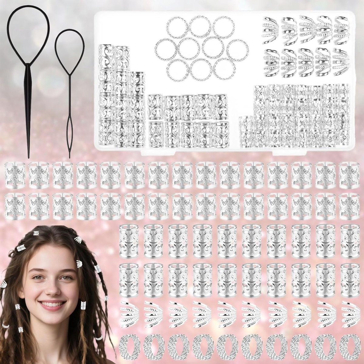 Ronte - Set van 70 Dreadlocks Sieraden en Haaraccessoires in Zilverkleur met Opbergdoos en Draadsnijders - Verstelbare Vlechten Sieraden voor Mannen en Vrouwen