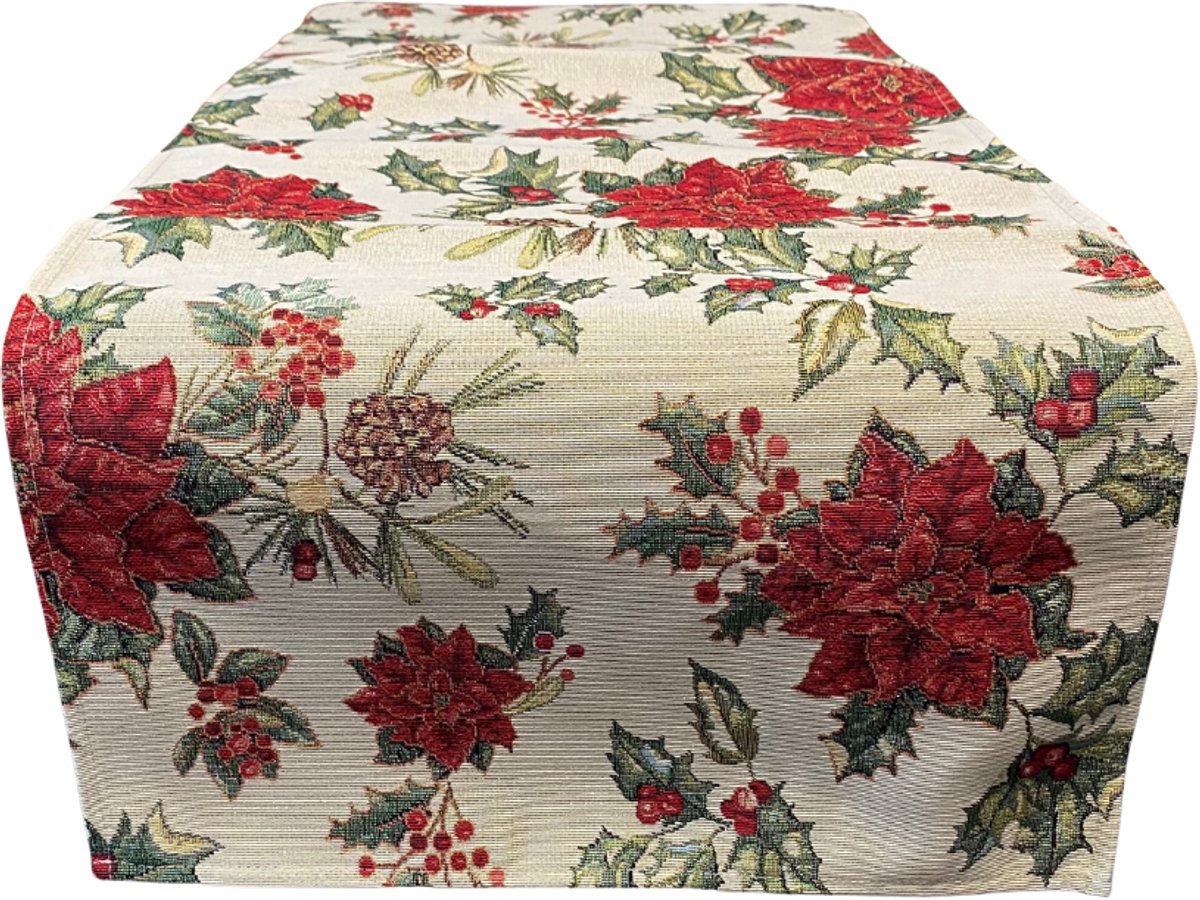 Tafelloper - Kerst - Gobelinstof - Bea - Dennenappels - Kerstroos - Hulst - Met gouddraad - 40 x 100 cm