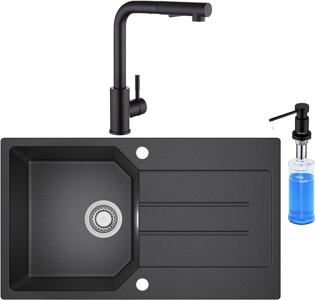 ANYCEE MAX Granieten Spoelbakken 78 x 45 cm - Spoelbakken Keuken Met Keukenkraan en Zeepdispenser 300ML - 1 Gootsteen Zwart Granieten - Spoelbak Keuken Met Snijplank en Waterafvoersysteem - Zwart