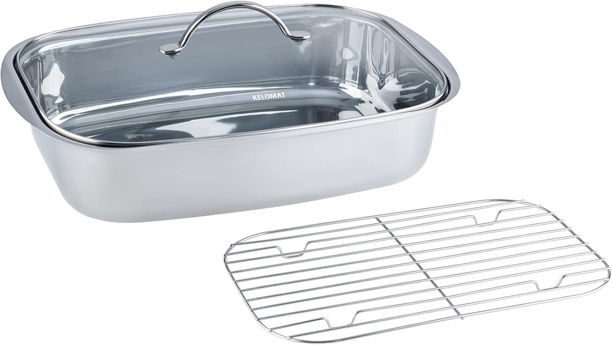 Vierkante Braadpan met Glasdeksel 36x24,5x9 cm - RVS 18/10 - Inductie Geschikt