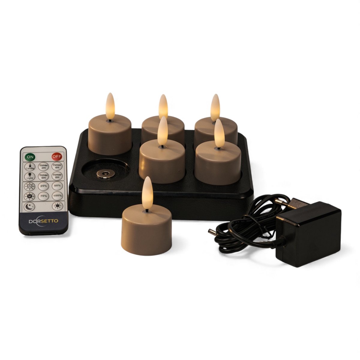 Led waxinelichtjes oplaadbaar beige – tot 400 uur brandduur – 6 stuks – met afstandsbediening en oplaadstation