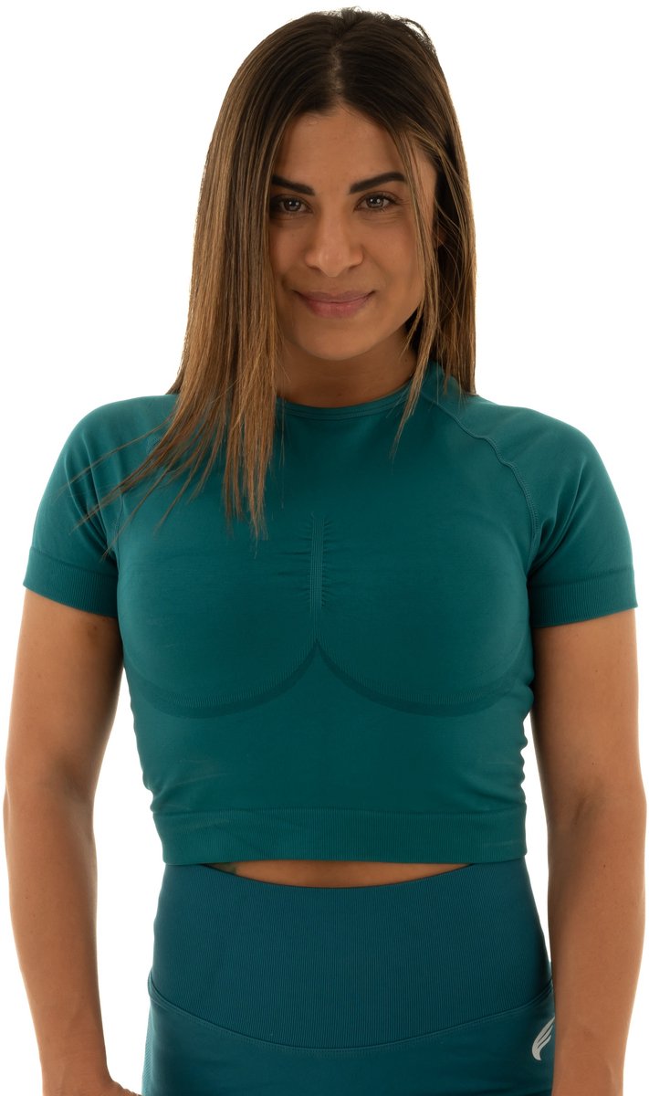 Dames cropped sport T-shirt – zacht, ademend & stretchy – fitness, yoga & dagelijks gebruik – DM Training Comfort Cropped T-shirt (dennengroen)