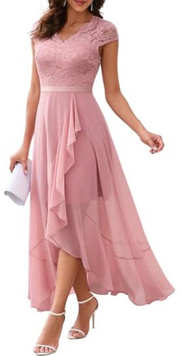 Elegante V-hals Avondjurk met Kant en Chiffon voor Feest en Bruiloft