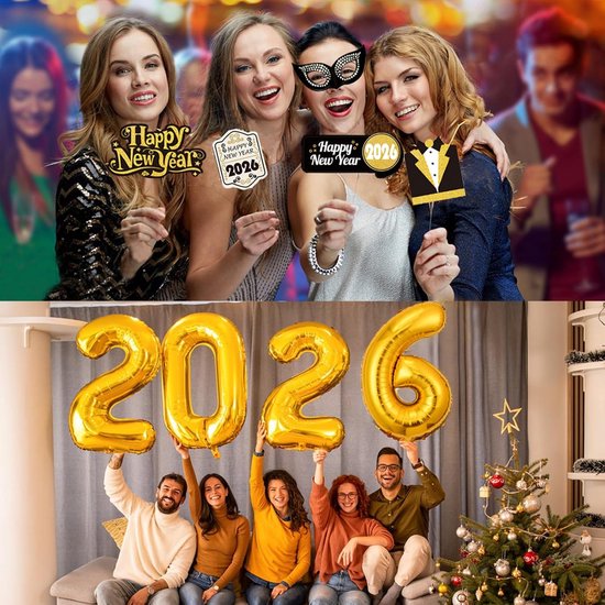 HOWAF New Year's Eve decoration, 2021, decoration set, New Year, New Year's decoration, Happy New Year garland, foil balloons, pompoms, new year confetti latex balloons, new year decoration, black