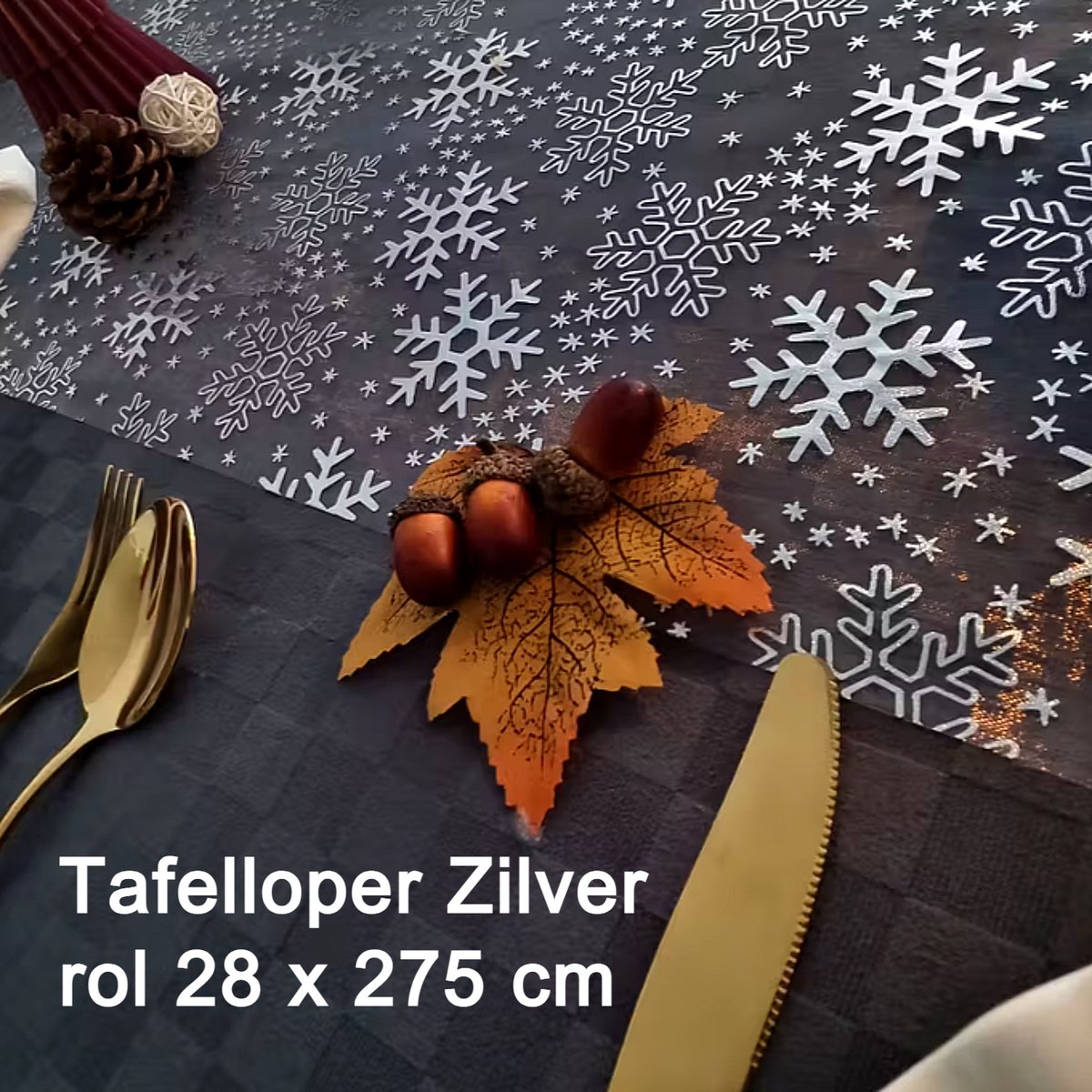 Zilveren Kerst Tafelloper Glitter Metallic - 28 x 275 cm