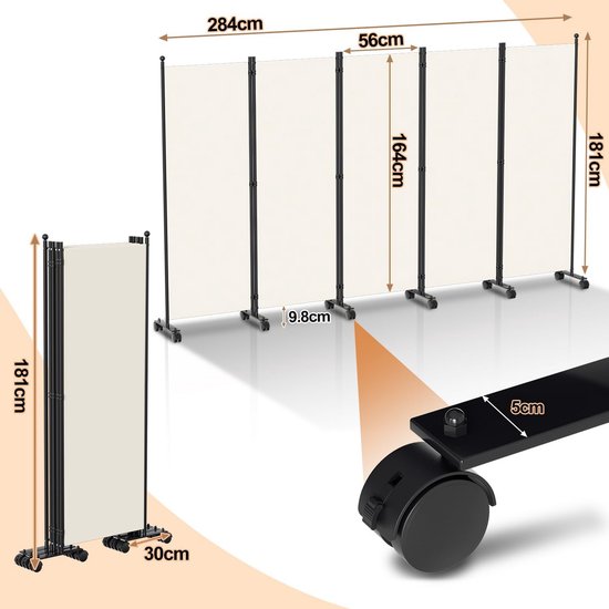 Fiqops Paravent outdoor, ruimteverdeler op wieltjes, 5-delig, 284 x 181 cm, weerbestendig kamerscherm voor buiten en kantoor, beige