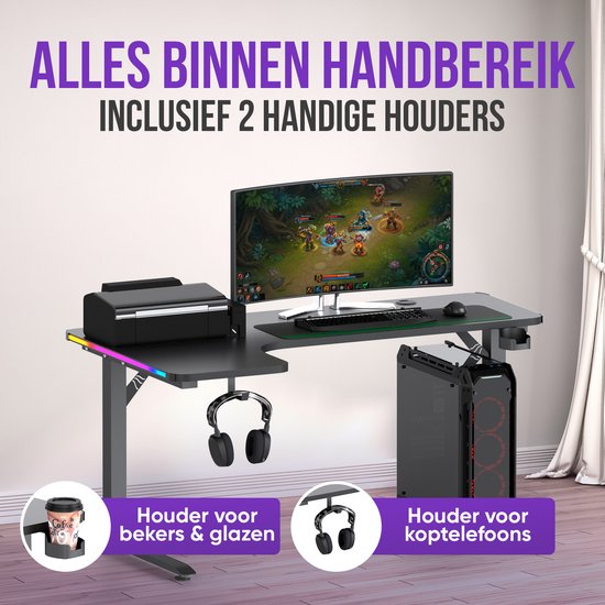 L-vormig bureau met 2 handige houders voor bekers en koptelefoons.