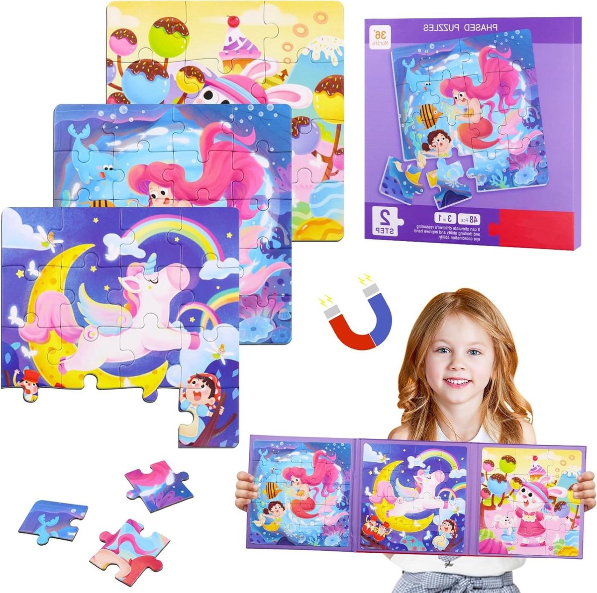 Ronte - Magnetische kinderpuzzel 12-16-20 stukjes in thema eenhoorn en zeemeermin
