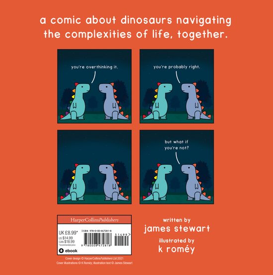 Titel: Dinosaur Therapy. Vier panelen met twee dinosaurussen. Tekst: "Je overdenkt het." "Je hebt waarschijnlijk gelijk." "Maar wat als je het niet bent?"