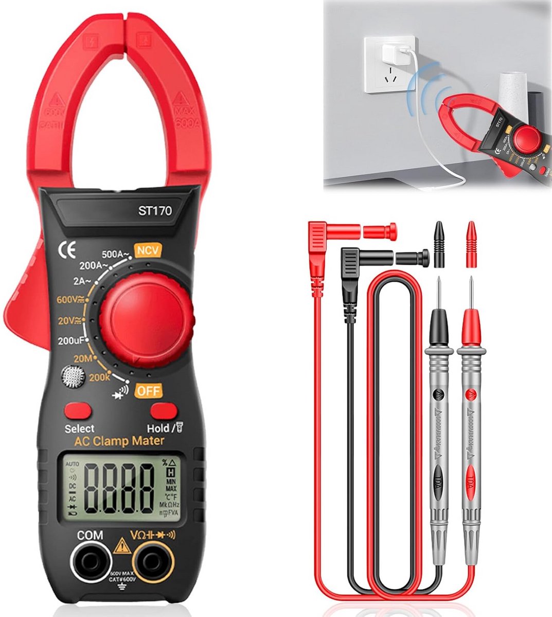Digitale Stroomtang 6000 Counts - 500A AC/DC Stroom/Spanning/Capaciteit/Weerstand Meter met 30mm Opening
