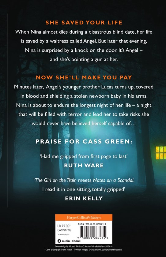 Achterkant van een boek met de titel SHE SAVED YOUR LIFE. Tekst over het verhaal en lofbetuigingen van Ruth Ware en Erin Kelly.