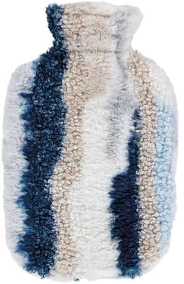Famanu - Warmwaterkruik 2L met marmerlook fleece hoes – blauw – stijlvol design