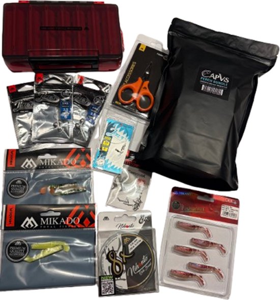 Cap-VIS perch bundle. Compleet roofvis starterset met rode koffer, hengelsportmateriaal en 8X Braid vislijn.