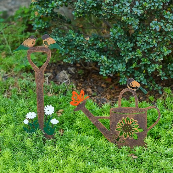 2 stuks metalen tuingereedschap met vogel, schop en gieter, decoratieve plantenstok voor buiten, geschikt voor tuin en gazon van Merkloos	 — afbeelding 3