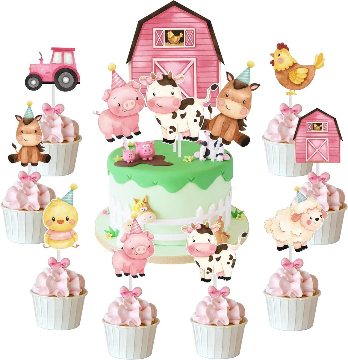 Ronte - Boerderij Dier Taart Decoratie - Roze Thema Verjaardagstaart Topper - Cupcake Topper - Koe Baby Shower Feestje - Boerderij Dier Thema - Versiering voor Feesten
