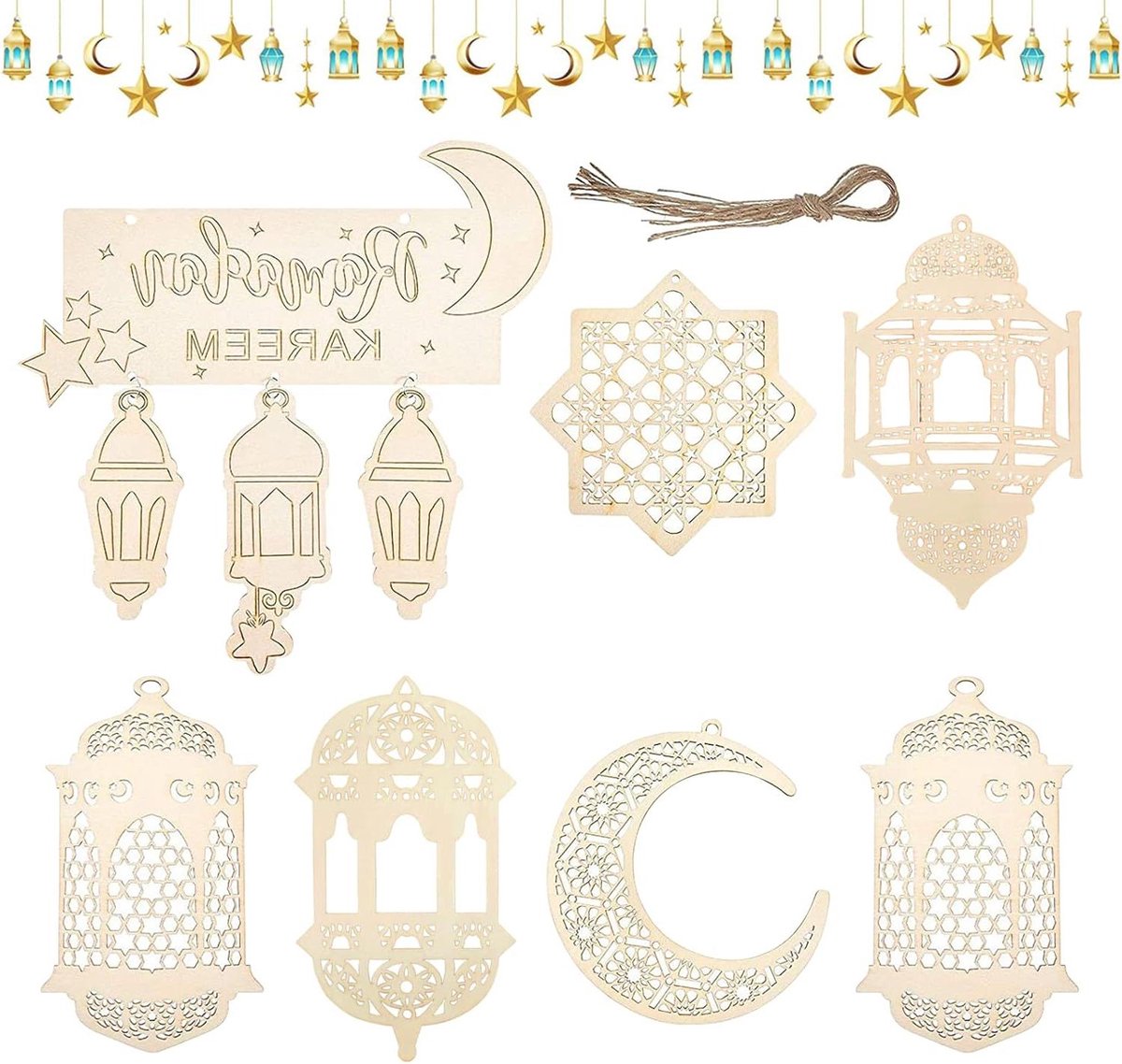 Ronte - Houten hangers Ramadan Eid Mubarak maan ster wind ornament Islam wandbord deurhanger decoratie