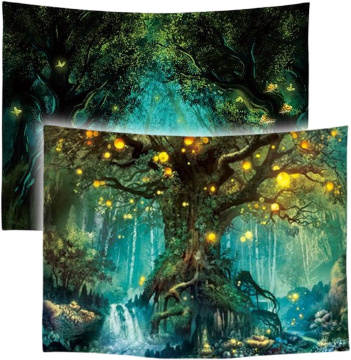 Ulticool – Wandkleed - Sprookje Elf Boom Magisch Bos Natuur - Set van 2 designs – 73 cm x 95 cm – Schilderij Wandtapijt Stof – Poster Art – Groen