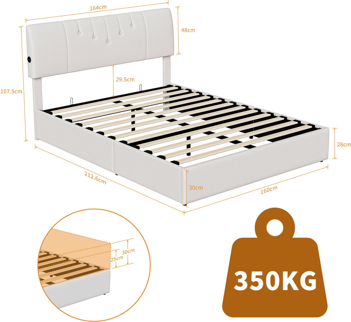 SHOPENTRA Hydraulisch Bed 160x200 cm met USB-poorten - afbeelding 2