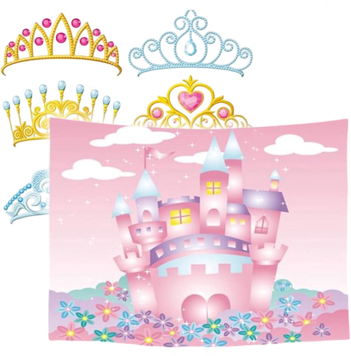 Ulticool – Wandkleed - Kasteel Kroontjes Diadeem Kinderkamer – Set van 2 designs - 73 cm x 95 cm – Schilderij Wandtapijt Stof – Poster Art – Roze Goud