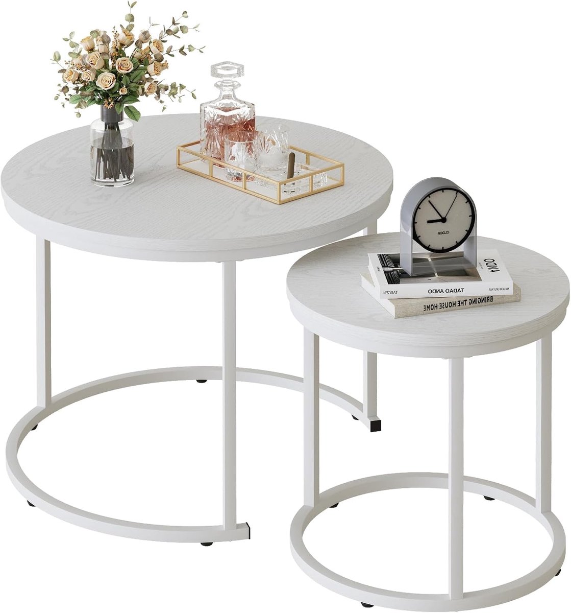 Unyqoos Set van 2 moderne ronde salontafels met wit metalen frame en blad