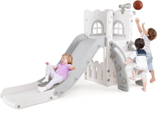 Toboggan pour enfants COSTWAY, toboggan pour enfants 6-en-1 avec panier de basketball et télescope, aire de jeux pour enfants avec rangement et marches antidérapantes, pour l'intérieur et l'extérieur, pour garçons et filles à partir de 1 an (gris)