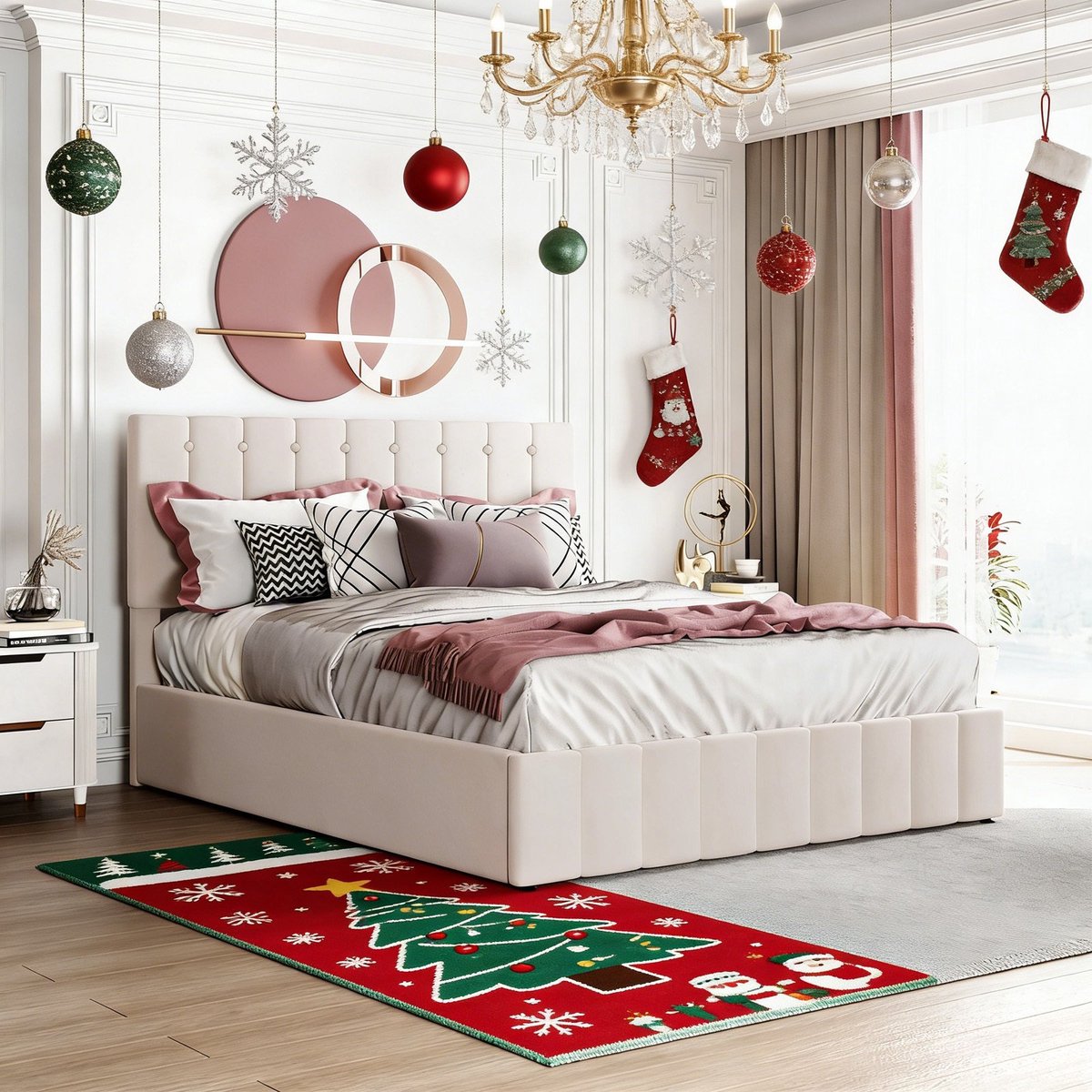 MODFU Gestoffeerd bed 140x200 met hydraulische opbergruimte, verstelbaar hoofdeinde, fluweel cremewit