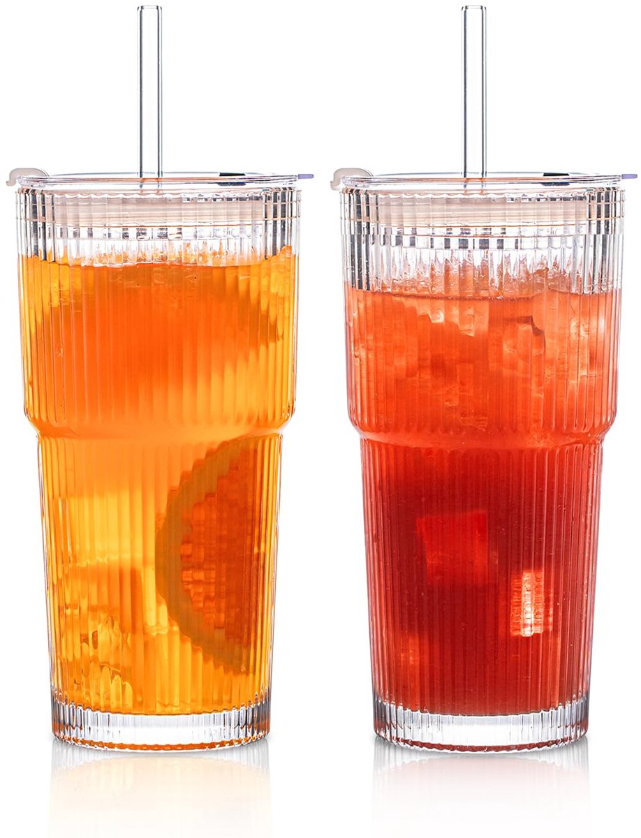 Unyqoos® Set van 8 geribbelde glazen bekers met deksel en rietje voor diverse dranken