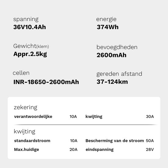 Specificaties fietsbatterij: 36V 10.4Ah, 374Wh, 2.5kg, 2600mAh, 37-124km.