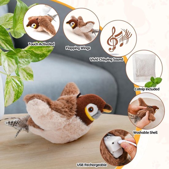 Bruine pluche vogel met vlekkerige staartveren, met tekeningen van aanraakactivatie, flapperende vleugels, geluid, catnip en opladen.