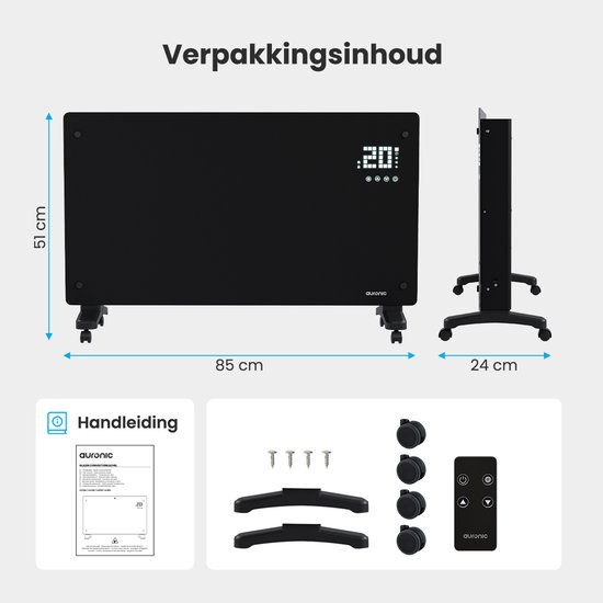 Auronic Chauffage Électrique - Convecteur avec Thermostat et Télécommande - Panneaux chauffants - jusqu'à 30 m² - Chauffage 2500W - Zwart