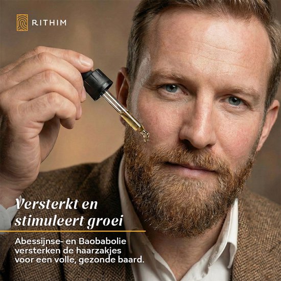 Man met baard houdt druppelaar omhoog met olie; tekst: "Versterkt en stimuleert groei".