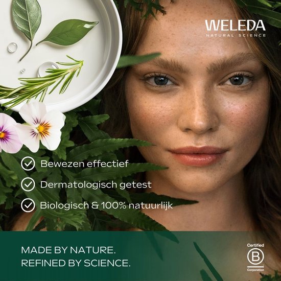 Portret van een vrouw met lichtbruine ogen, omringd door bladeren en bloemen, met Weleda logo en tekst 'Made by Nature. Refined by Science.'
