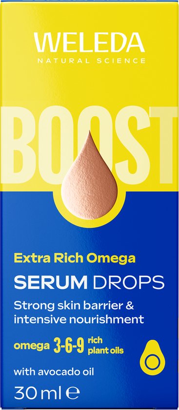 Doosje Weleda Extra Rich Omega Serum Drops, met avocado olie en omega 3-6-9.